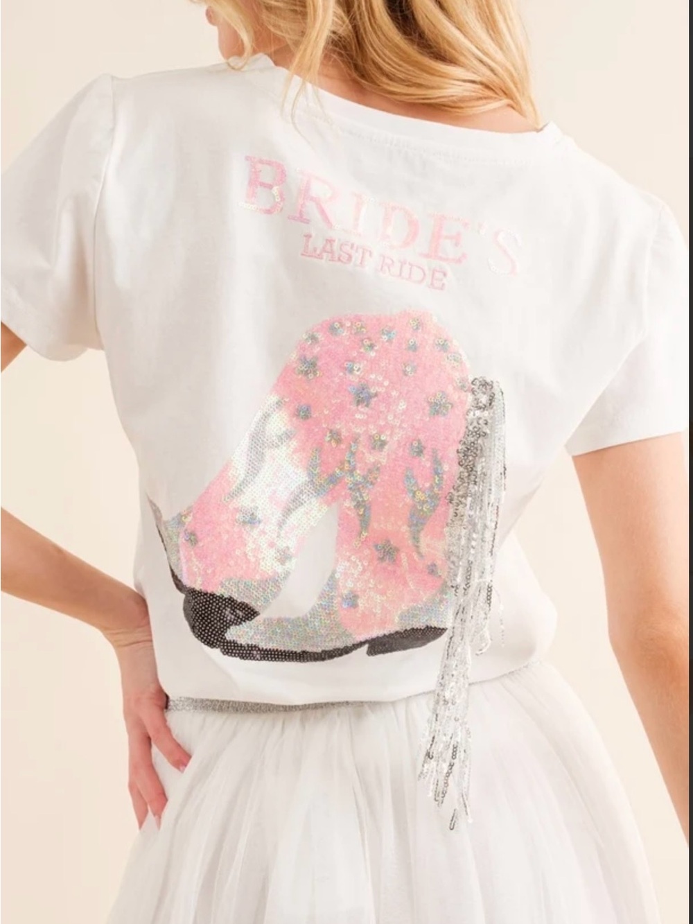 BRIDE TEE - Blue B Sequin Graphic Boot Tee in White - Large